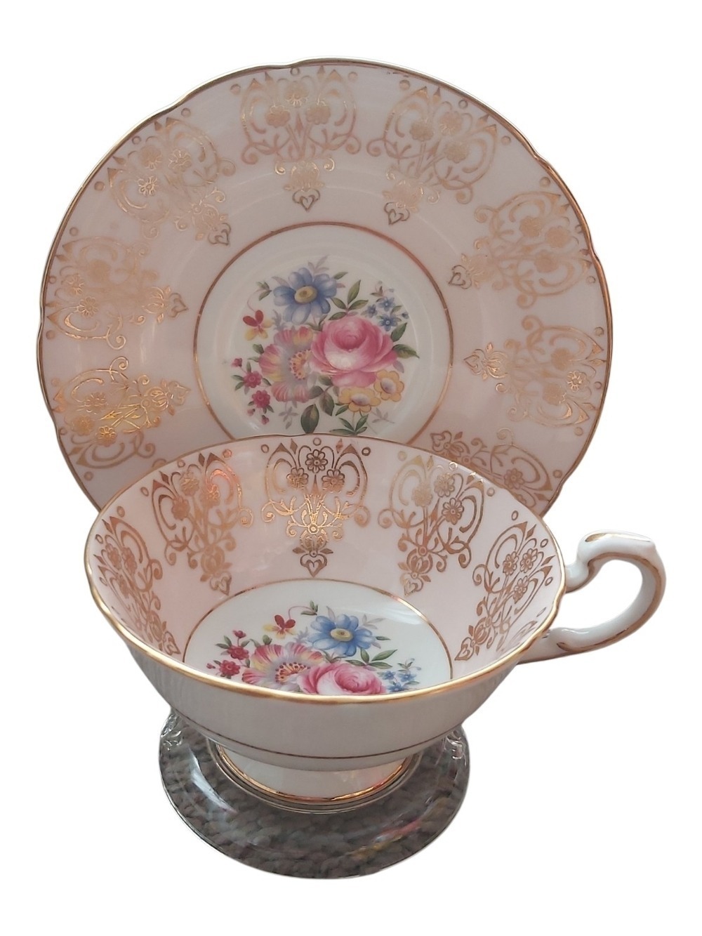 Paragon Pink Teacup Saucer Heavy Gold Filigree Cabinet Cup Single Royal Warrant
